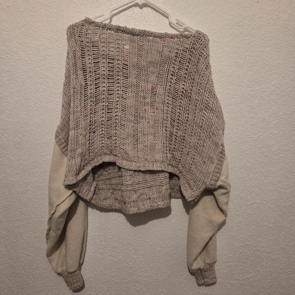 Free People Honey Cable Knit Long Drop Shoulder White Combo Cropped Sweater - M - Picture 10 of 13